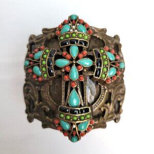 Sweet Romance Vintage Faux Turquoise Cross Wide Cuff Bracelet